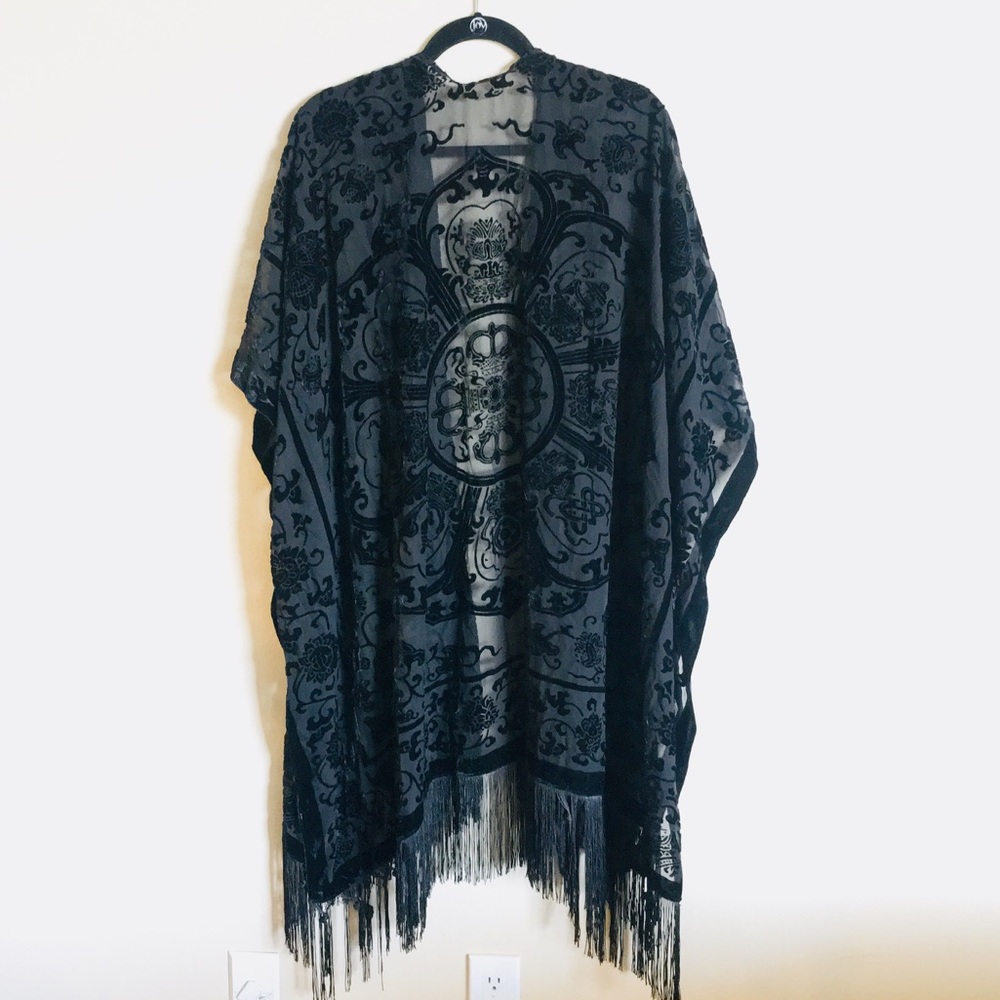 Retro Black Kimono, Sheer w/Velvet Boho Pattern
